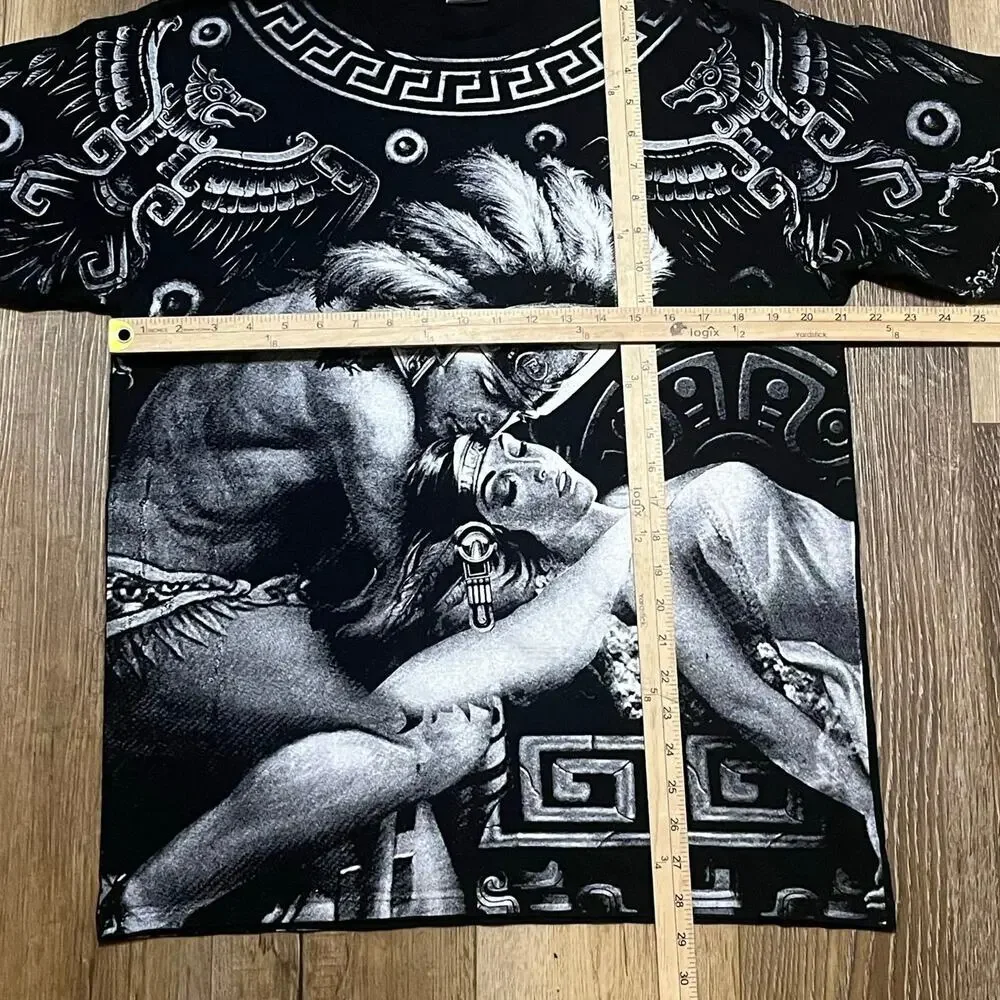 Vtg Aztec Warrior All Over Print Graphic Tee L Yazbek Black White Mayan Y2K Art - Picture 5 of 5